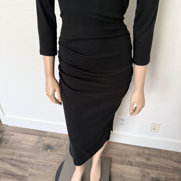 [Michael Stars] Black Ribbed Knit Midi Dress Round Neck 3/4 Sleeves Size Large L - Picture 5 of 11
